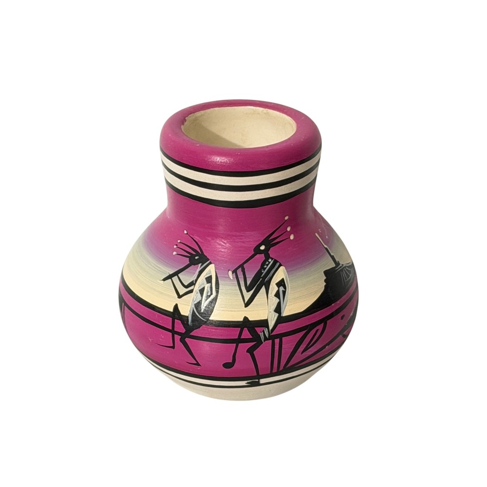 Yanito Pottery Vase Navajo Magenta Kokopelli Hand Painted Southwestern Decor